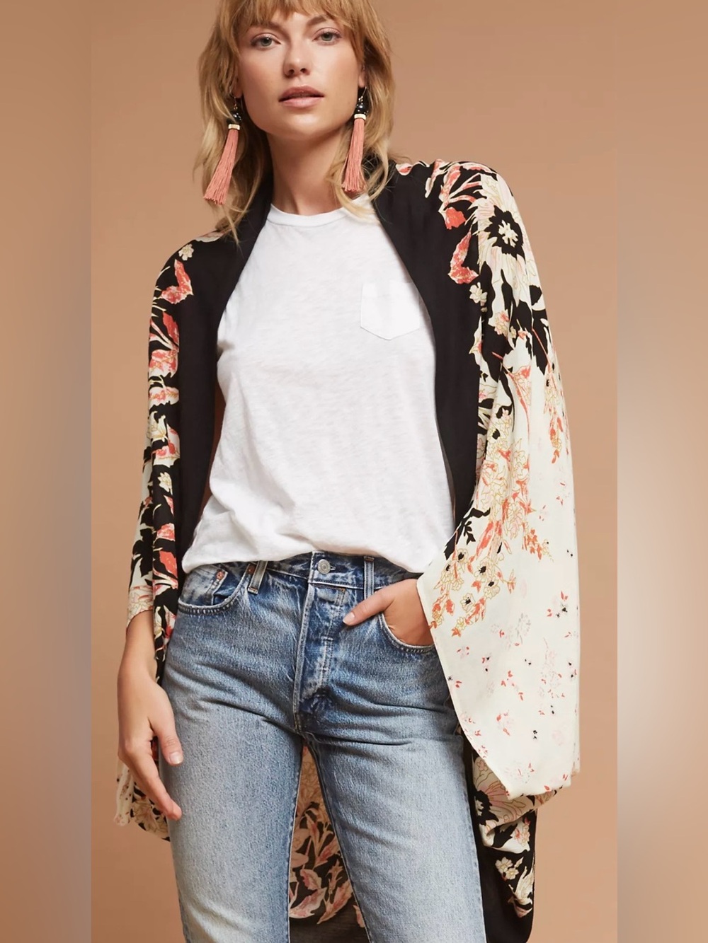 Anthropologie Black Floral Open-Front Kimono
